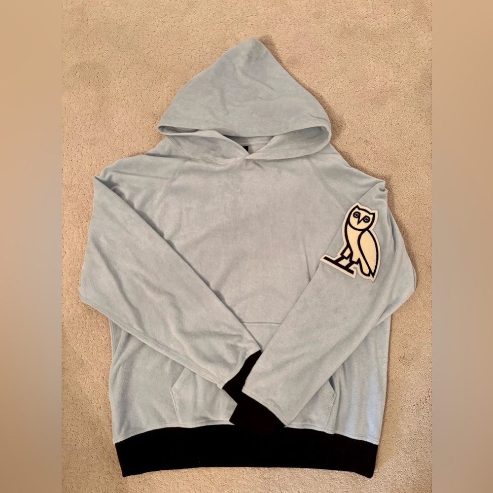 OVO Men’s Light Blue Hoodie with Signature Owl - 100% Cotton - XL